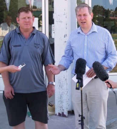 *Moonee Valley CC Vice President Simon Thornton (left) and Victorian Health Minister David Davis are interviewed by the media on healthy lifestyles and the Victorian Population Health Survey.